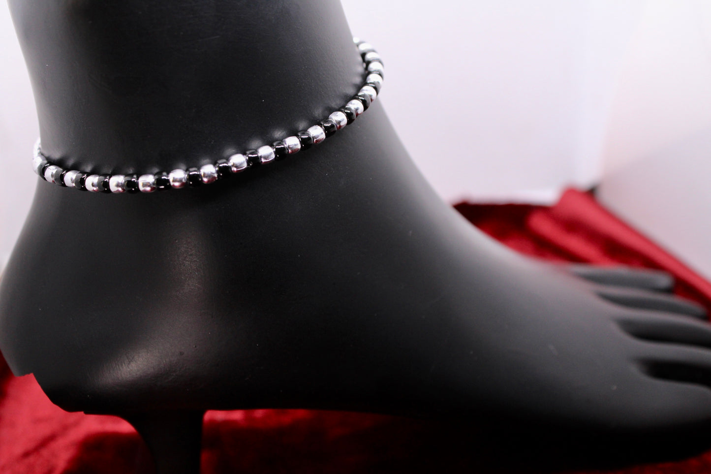 Black Beads Adjustable Silver Anklet - Single