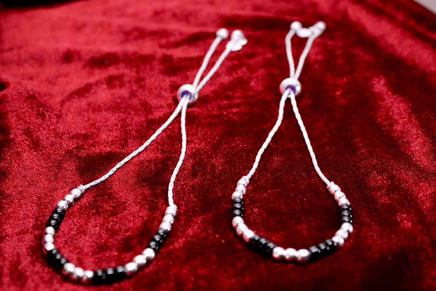 Black Beads Adjutable Silver Anklet