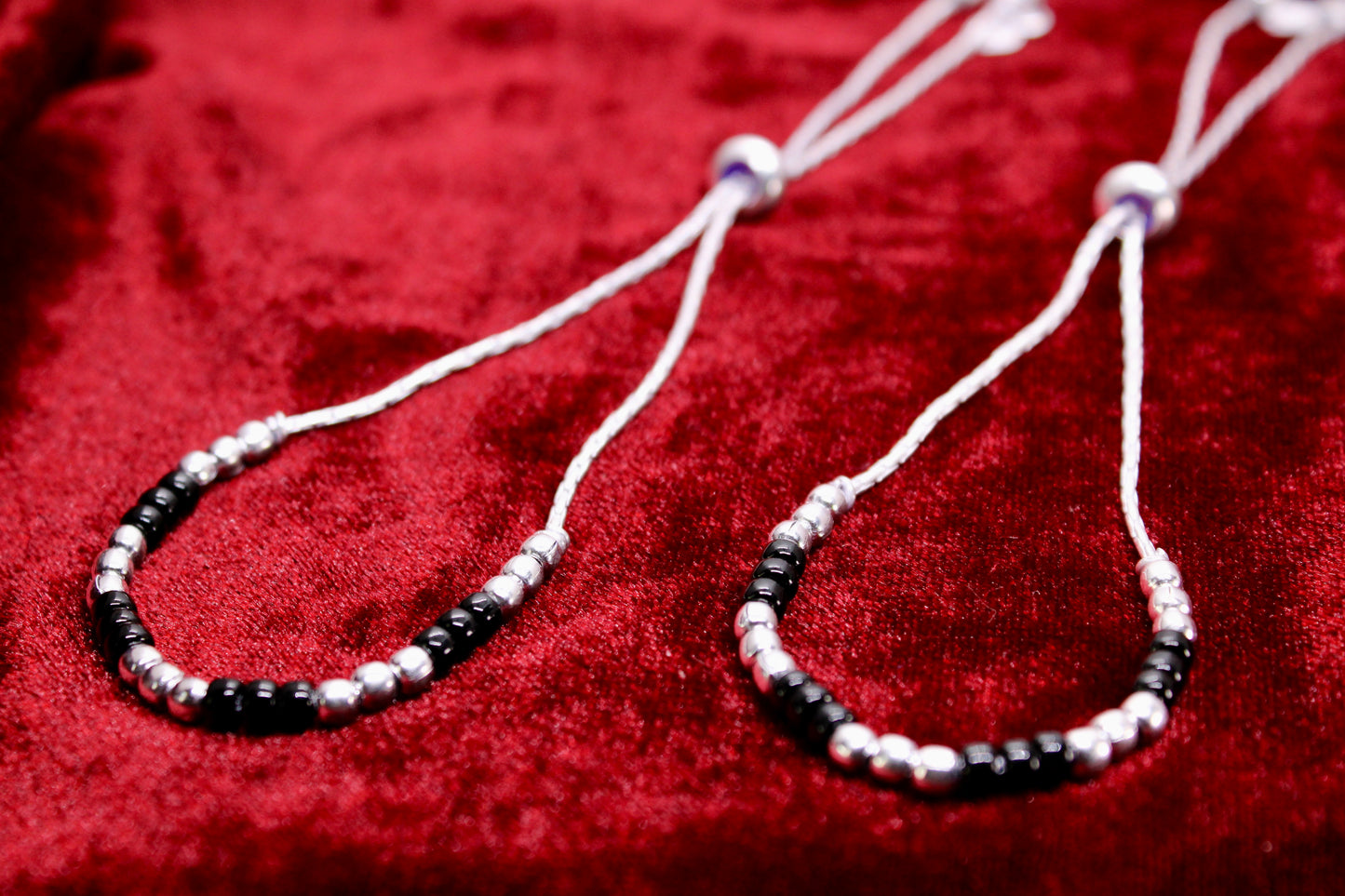 Black Beads Adjustable Silver Anklet