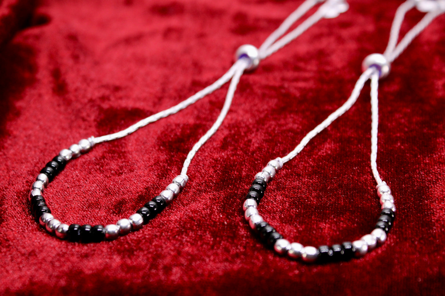 Black Beads Adjutable Silver Anklet