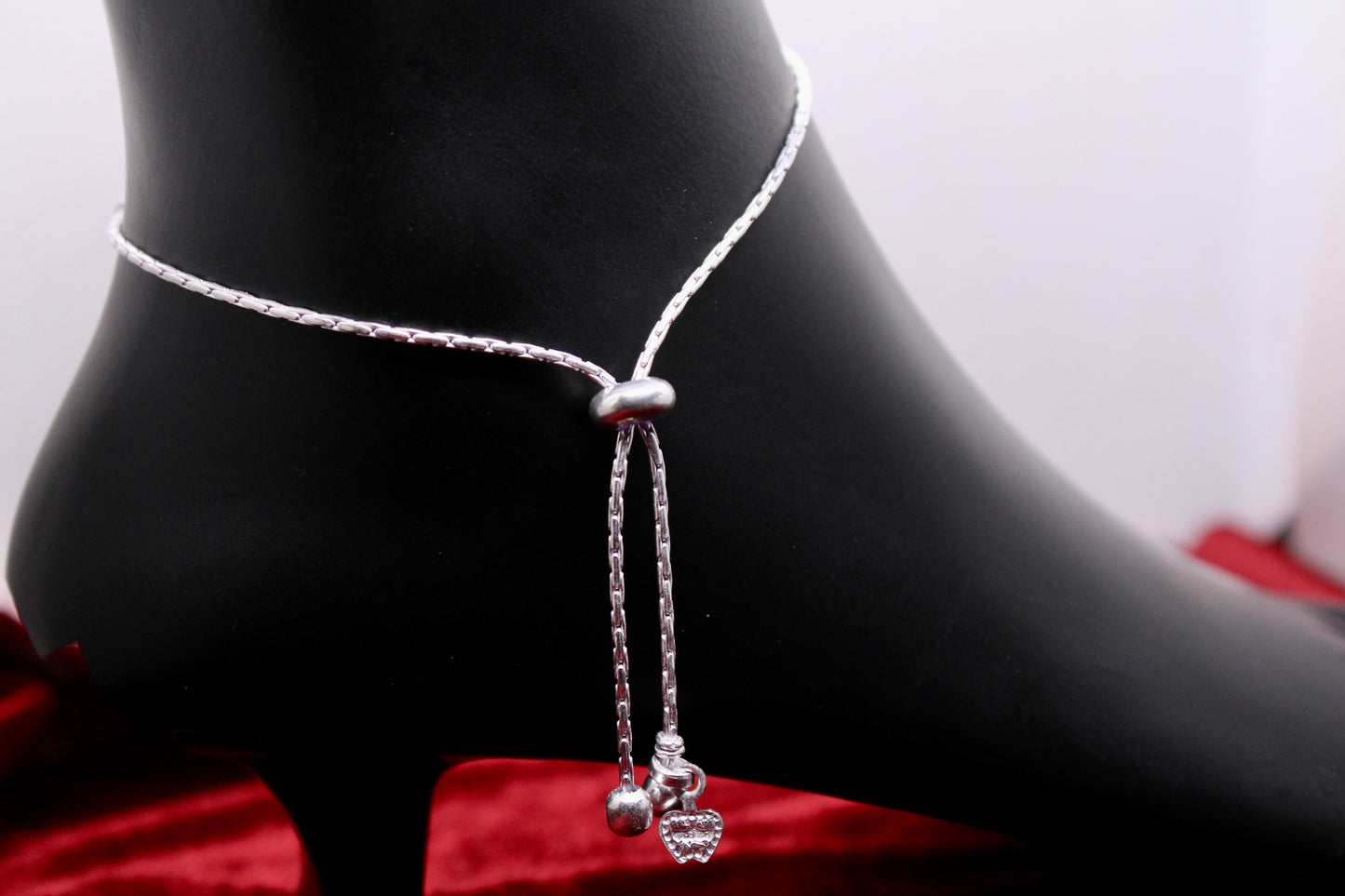 Black Beads Adjutable Silver Anklet