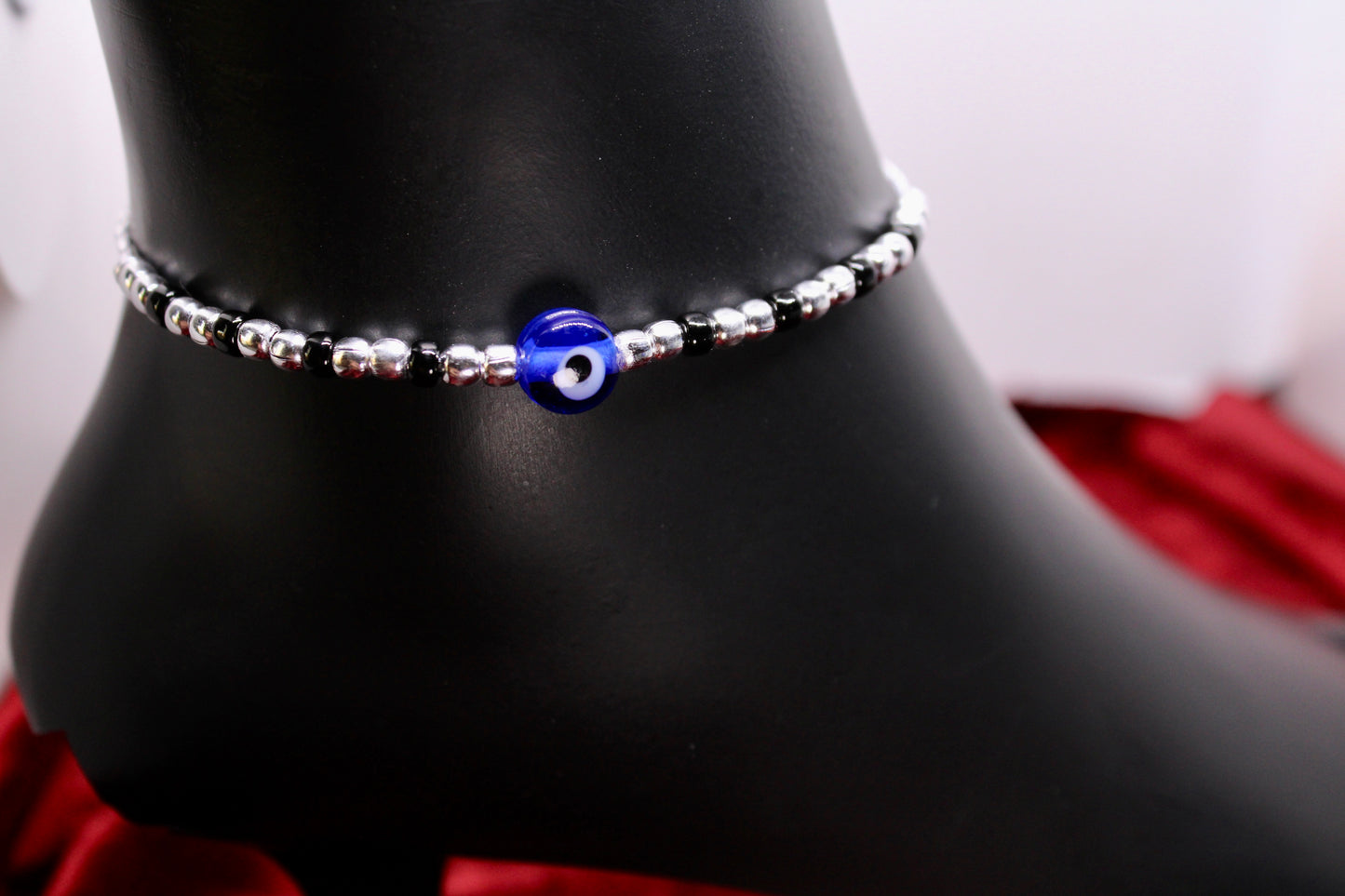 Black Beads  Evil Eye Adjustable Silver Anklet