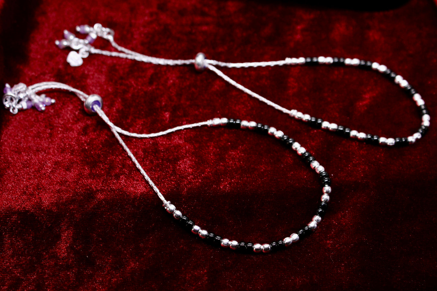 Black Beads Adjustable Silver Anklet