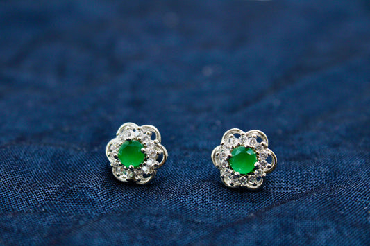 Green Stone Solitaire Diamond Silver Earring