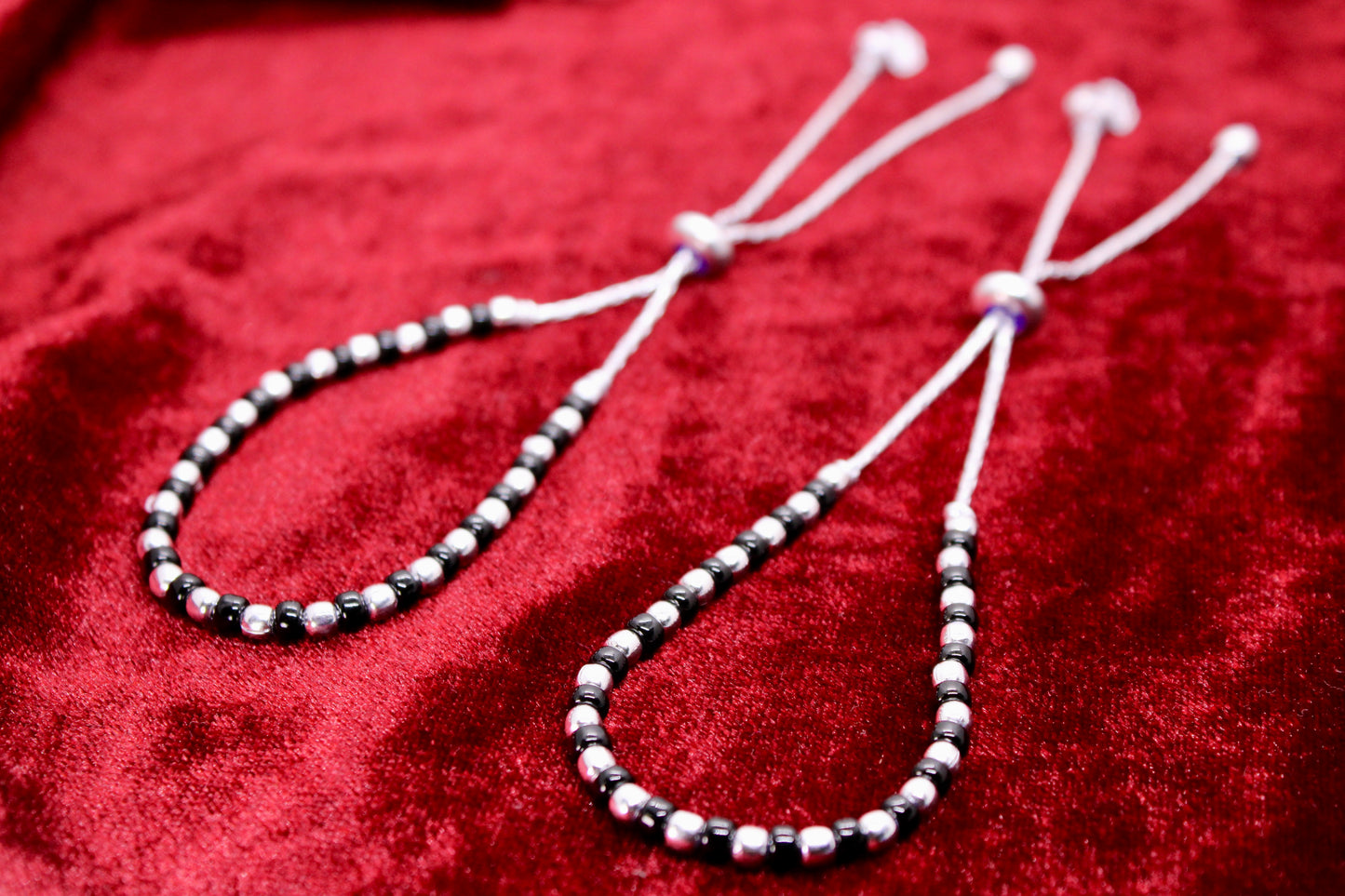 Black Beads Adjustable Silver Anklet - Single
