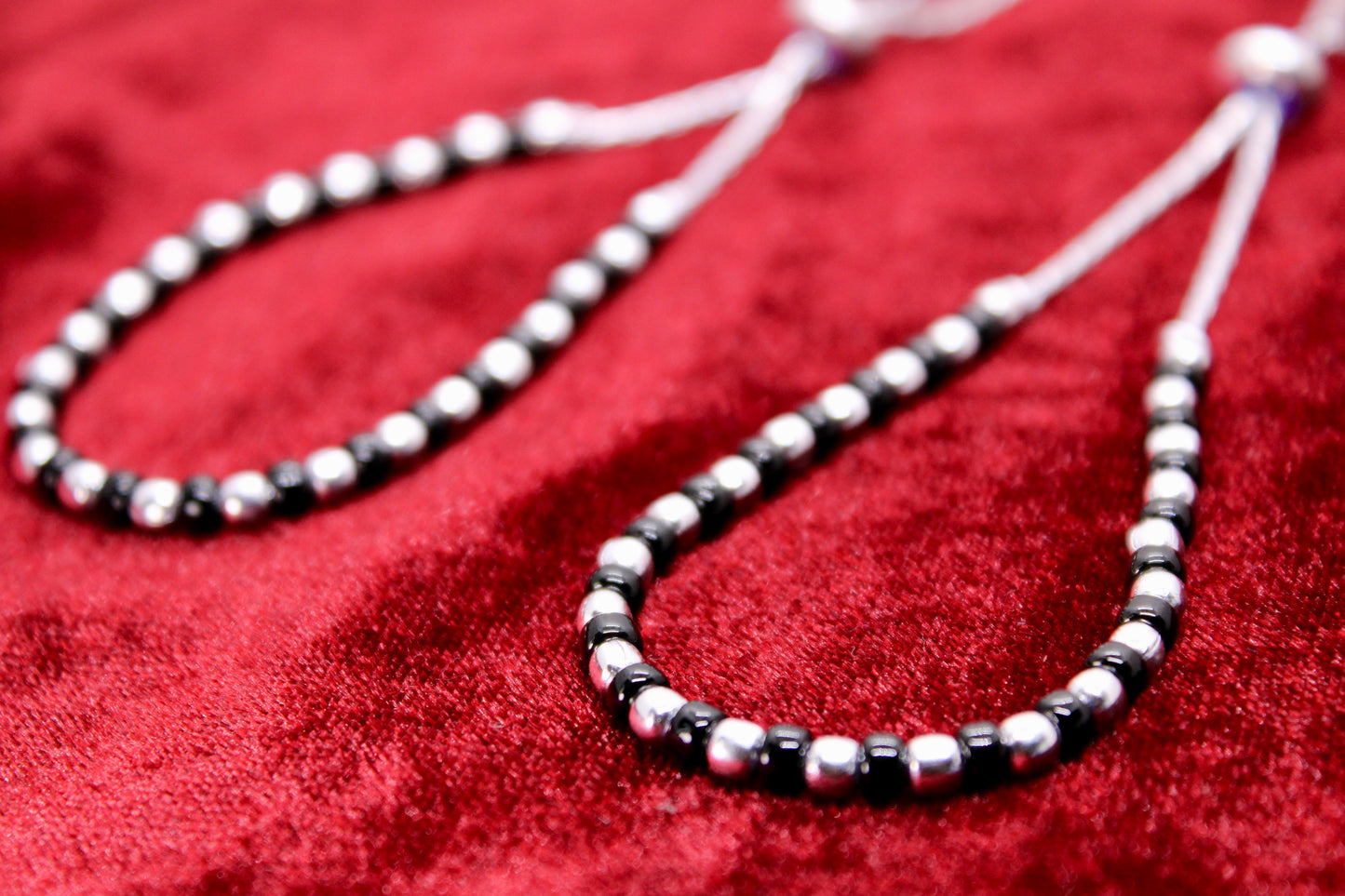 Black Beads Adjustable Silver Anklet - Single