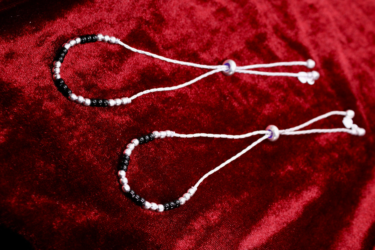Black Beads Adjustable Silver Anklet