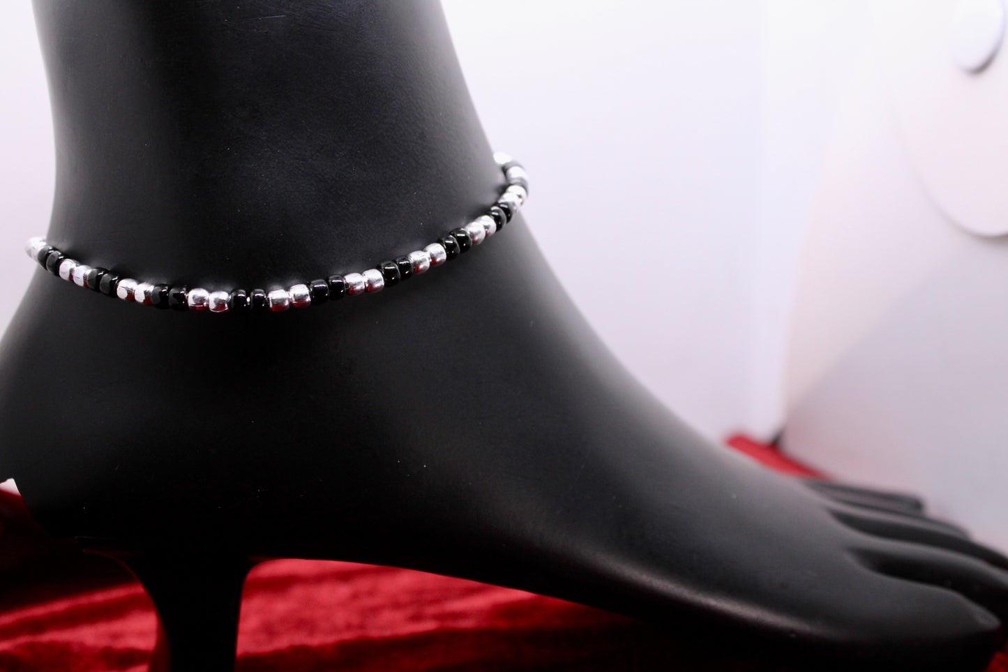 Black Beads Adjustable Silver Anklet