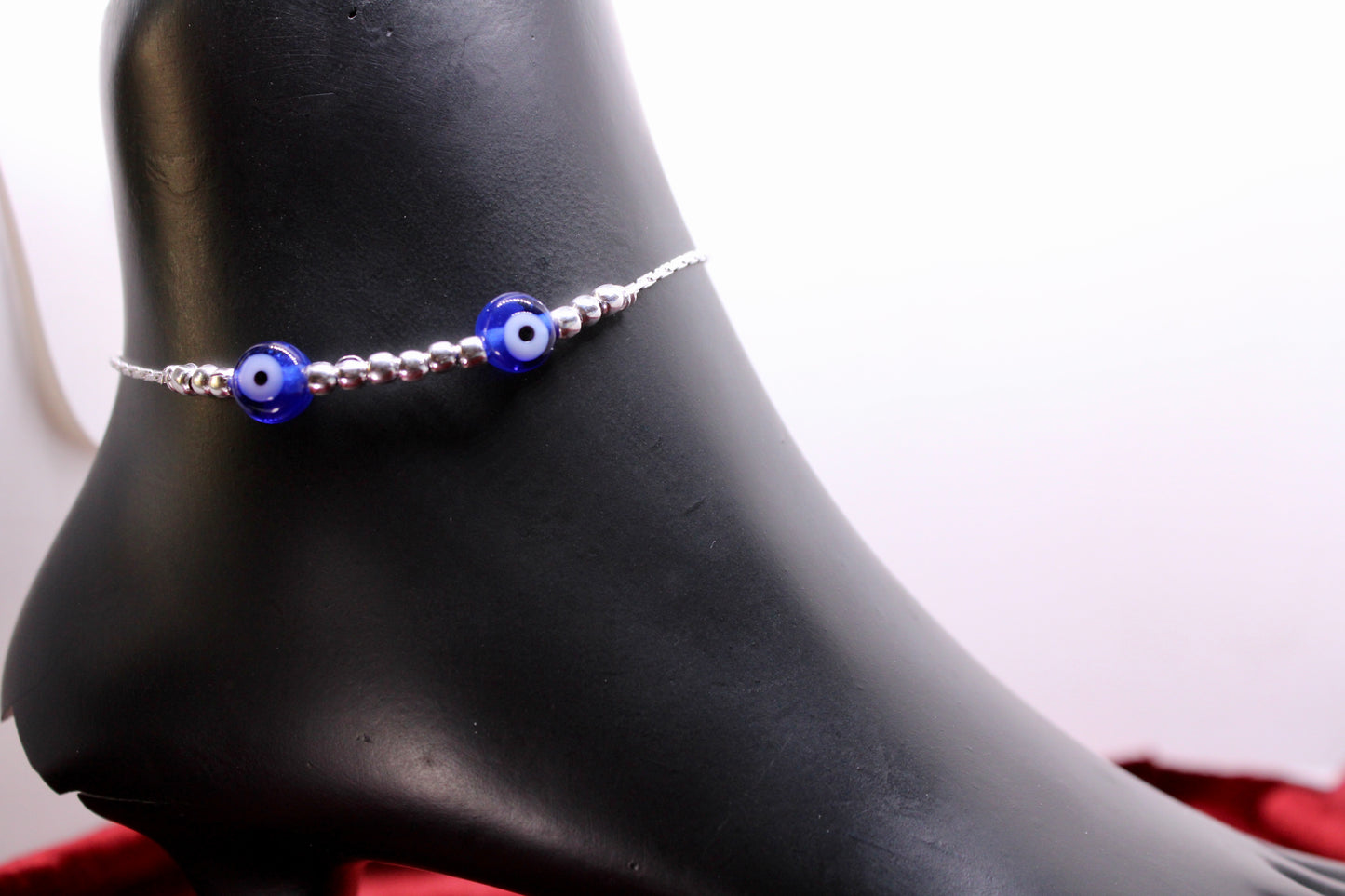 Black Beads Evil Eye Adjustable Silver Anklet