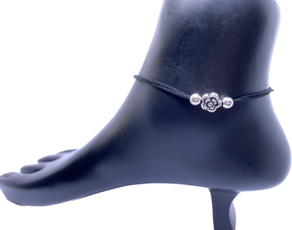 Black Tread Silver Anklet Adjustable - Silver Jewelery 925