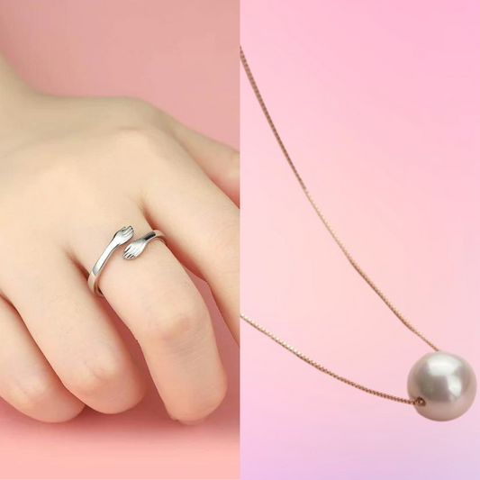 Pure Silver Love Hugging Hand Ring + Pearl Necklace - Silver Jewelery 925
