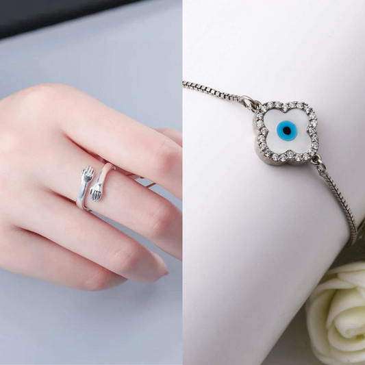 Pure Silver Love Hugging Hand Ring + Evil Eye Bracelet - Silver Jewelery 925